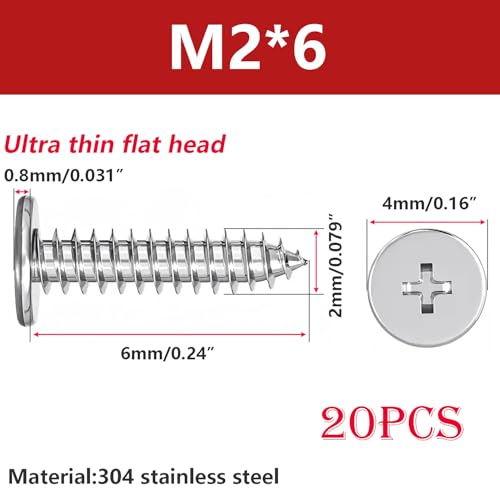 20 st. Dun zelftappende schroeven, kruiskop plat hoofd, 304 roestvrij staal, M2 x 6mm, houtschroeven voor reparaties