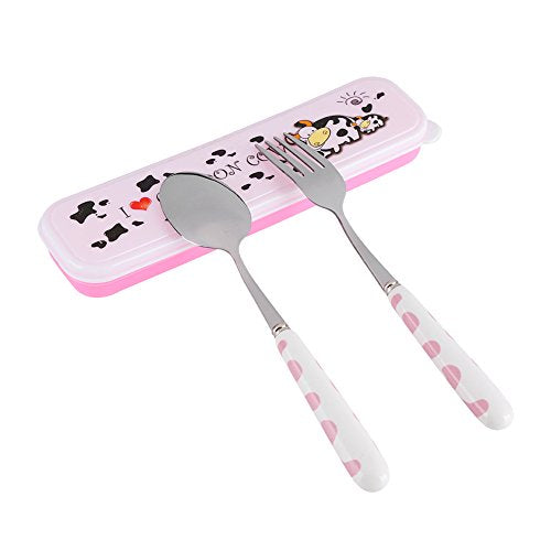 Stainless Steel Flatware Lepel voor kinderen, Keramische steel vork Lepel Keuken Tafelgerei met doos Kinderen Bestek Outdoor Picnic Travel (Roze) 5