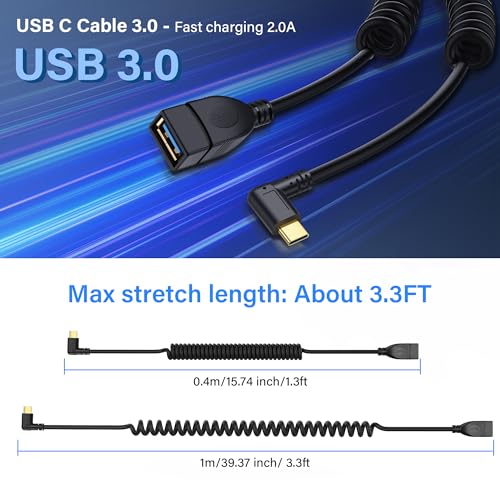 USB Type C Coil Cable 5 Gbit/s Uitbreidbaar 90 Degree USB 3.0 Bus naar USB C Plug, Laadkabel en gegevensoverdracht voor telefoon, tablet en andere USB-C-apparaten (F/R) 5