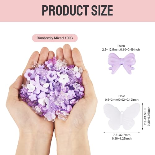 100g Diverse Acryl kralen Bloem Kralen Caps Bowknot Vlinder Cross Leaf Esthetic Craft Kralen Bulk voor armband sieraden maken, Medium Paars & White 3
