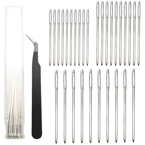 Naainaalden, Dujelixa wol naalden zilver, stop naalden (10 stuks*2*70 mm + 10 stuks*2*60 mm + 10 stuks*1.25*52 mm) + elleboog pincet, naalden geschikt voor kruissteek, lint borduurwerk