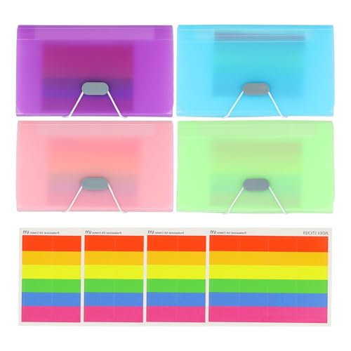 4st A6 Accordeon Ontvangst Organisator, 13 Pockets Mini uitbreiden File Organizers Bestandsmap met gekleurde labels Index,4 Kleuren Plastic Accordeon Map, Kaart Mappen Flash kaarthouder voor