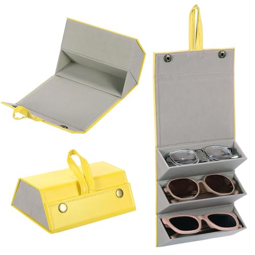 Reizen Zonnebril Organisator, Opvouwbare Zonnebril Houder met 3 Slots, Lederen Zonnebril Houder, Opslag geval, Draagbaar voor Meerdere glazen Organisatie, Geel, Geel, 6.3 x 4.7 x 2.3Inch