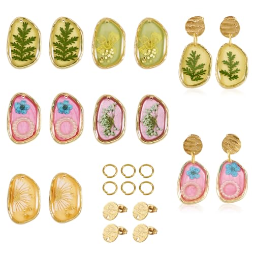 5 paar gedroogde bloemhars oorbellen maken Kits Legering & Epoxy en gedroogde bloem hangers Epoxy bloem monsters oorbellen bedeltjes voor DIY oorbellen sieraden maken, Hars, hars