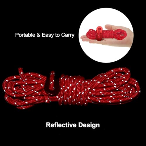4mm Tent touw, 12Pcs 6.5ft Reflecterende Guy Touw koord gebonden touw Paracord Cord Camping Touwen met rood aluminium koord Richters voor Camping Wandeltent, Rood 3