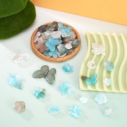 100G Frosted Acryl Kralen Vlinder Blad Bloemen Spacer Kralen Transparante Diverse Acryl Sieraden Kralen Bulk voor Ambachten Levering DIY Armband Sieraden Maken, Bleek Turquoise 3