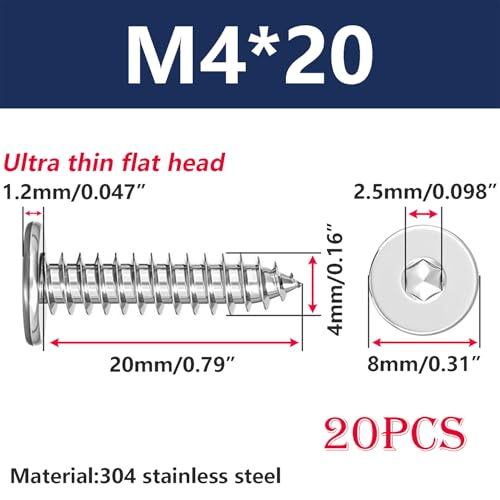 20 st. Dun zelf tapping roestvrij staal Hex Socket Schroeven 304 M4 x 20 mm voor hout en meubels