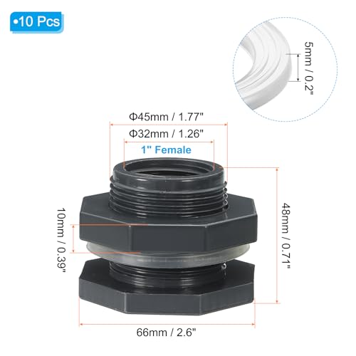 PVC Bulkhead Fitting 1 Inch Vrouw, 10 stuks Dubbele Threaded Bulkhead Water Tank Connector met Silicone Seal Pakking voor Regenemmer, Spoelen, Aquaria, Grijs