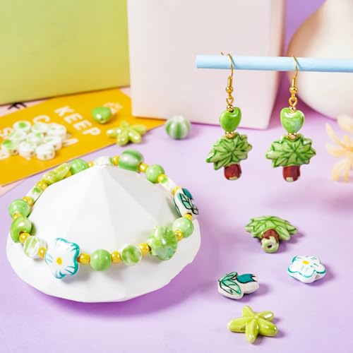 66 Stuks Handgemaakte Porselein kralen Bloem kralen Helder Geglazuurd hart / Starfish Porselein kralen Diverse Spacer Keramische kralen voor doe-het-zelf sieraden maken, gazon groen
