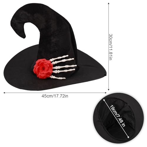 Witch Hat voor volwassenen, Halloween Wizard Hat met rozen en schedel hand patroon Cosplay kostuum accessoires voor Halloween Party (zwart)