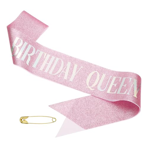 Verjaardag Meisjes Sash, Glitter Verjaardag Sash voor vrouwen Satin Queen Sash Party Decoraties met veiligheidsspeld voor feestgeschenken Favors, Roze fantasie