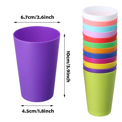 Verpakking van 12 Herbruikbare plastic bekers, Kinderbeker 260 ml, Party Supplies, Kleurrijke Hard Plastic waterglas, 12 kleuren, Regenboog waterglas, Stapelbaar, voor Camping, Barbecue, Reizen