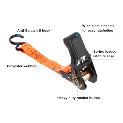 Bootaanhanger Spiegel Lashing Straps 1"x5', 1750lbs Breaking Strength Ratchet verstelbare riemen met S Hook voor Marine Trailing Boot varen, Oranje 3