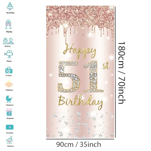 51ste verjaardag decoratie vrouwen, gelukkig 51ste verjaardag de deur Banner Rose Gold,51st Verjaardagsstof Tekenposter deur decoratie,51e verjaardag achtergrond Banner Dames,Voerdag partij Welkom Teken