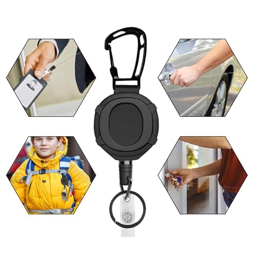 Set van 2 intrekbare sleutelhanger, Heavy Duty Reel Clips met 80cm uitschuifbare stalen kabel, Uitschuifbare Badge Rolls Keychain, Lanyard, Carabiner, ID Badge houder voor wandelen, klimmen,, zwart 4