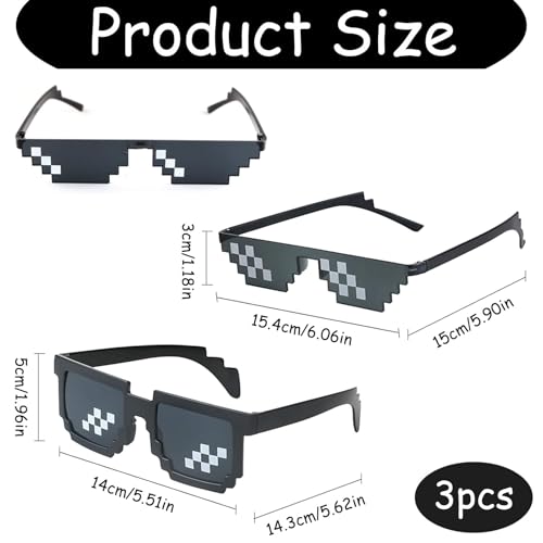 Pixel glazen Pack van 3 Pixels Mozaïek glazen Grappige glazen Party glazen Grappige zonnebril Thug Life Glazen Cool zonnebril voor Party Fancy Dress Photo Props Black Unisex