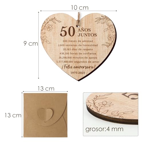 Cadeau houten bord voor 50e verjaardag gouden bruiloft met envelop bordje letters 50 Años Spaans
