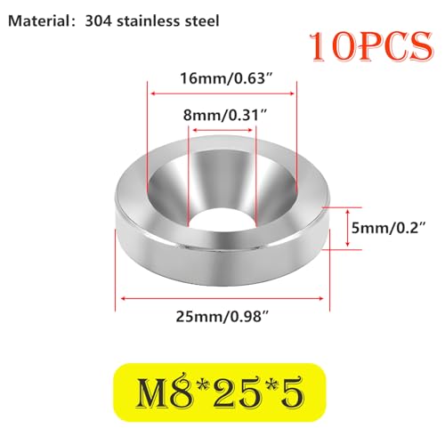 Verpakking van 10 ringen, Roestvrij stalen verzonken kop, M8 x 25 x 5mm bekerringen, decoratieve ringen voor verzonken schroeven