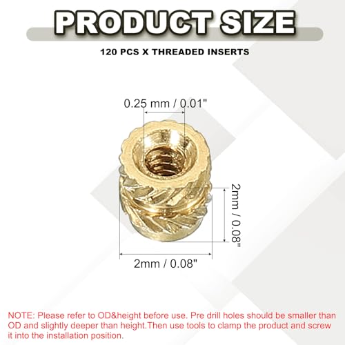 120 st M1 x 2x2mm draad invoegt, Metrisch messing, Knurled Nut, Goud