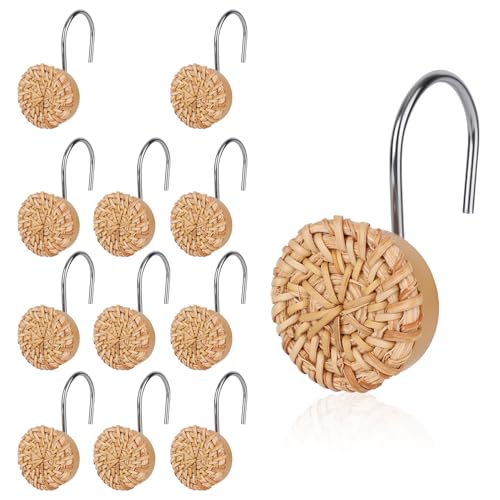 12 stuks Boho Knoppen Douche Gordijn haken, Decoratieve geweven Rattan Douche Gordijn Ringen Boerderij en kuststijl Badkamer Hangers Accessoires voor standaard Rod
