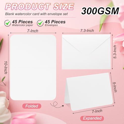 45 Sets Pure Cotton Aquarel Kaarten 150 lbs/300 g/m2 Ansichtkaarten Afgeronde Hoeken met Enveloppen voor Kunst Schilderen Creatieve Dank U Notes, 15 x 18cm Opvouwbare Maat (Rode)