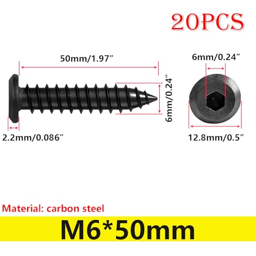 Verpakking van 20 Self Tapping Schroeven, Hex Socket Head Schroeven, M6*50mm Flat Head Schroeven, Meubilair Aansluiting Schroeven, Zwart