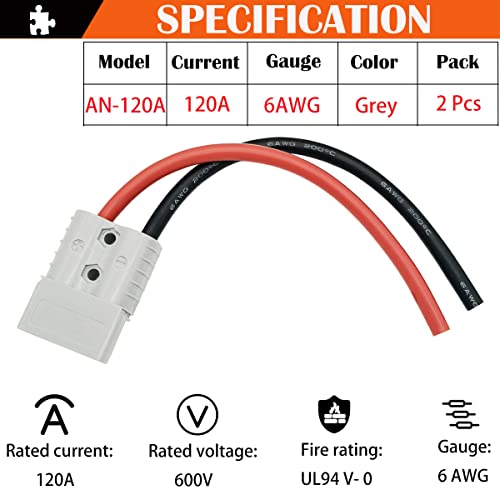 Batterijplug, 120 A 600 V-accuaansluitingsplug (2 sets), snelkoppelingsaccuaansluiting, met 25 cm 6 AWG-accukabel (grijs) 4