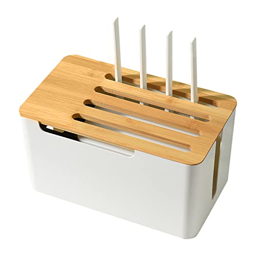 Kabelbeheer Box met houten deksel en plateau, 31 x 18 x 16,5 cm, Witte Plastic Kabel Box, Grote Bureau Kabelkast voor Verbergen TV, Computer, Router, Kabel Sockets