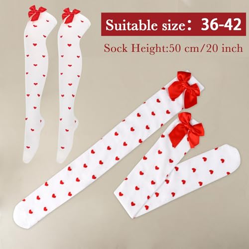 1 paar witte hoge hoge sokken rode hart knie hoge sokken met Bows Opaque Over knie witte sokken voor vrouwen Valentijnsdag Kerst Halloween Party Gifts, White & Red, 37-40 EU, wit & rood