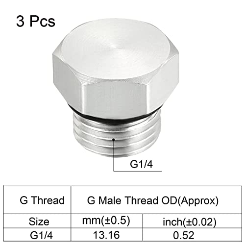 G1/4 Man Thread Hex Pipe Plug, 3 Pack Aluminium Nut Cap Cap Socket slang passen Adapter Connector voor water brandstof gas buis, zilver 3