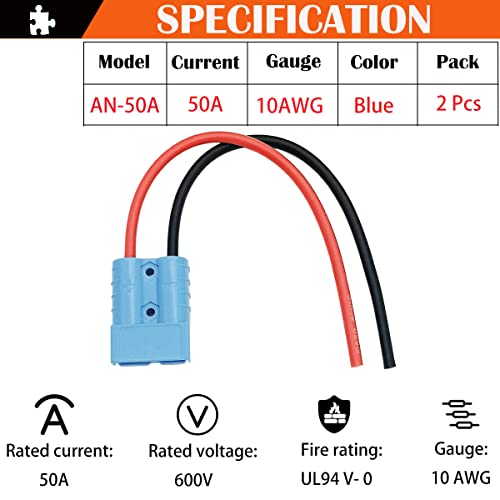 Batterijaansluiting, 50 A 600 V, batterijaansluiting met snelkoppeling/snelkoppeling, met 25 cm aansluitkabel 10 AWG (2 sets, blauw) 4