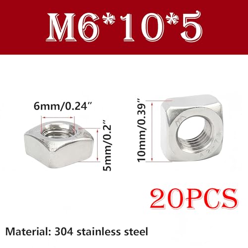 20 stuks vierkante rosvrijstalen moeren, M6 x 10 mm x 5 mm
