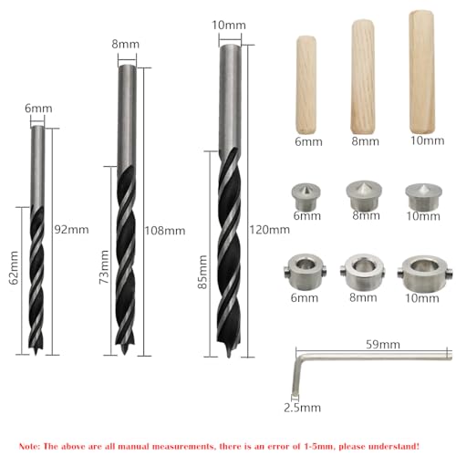 Houten deuvels en boorbits met 55 stuks houten deuvels, 6 stuks middenpunten, 3 boorbits en 3 stuks dieptestop voor ambachten, ambachten, houtbewerking