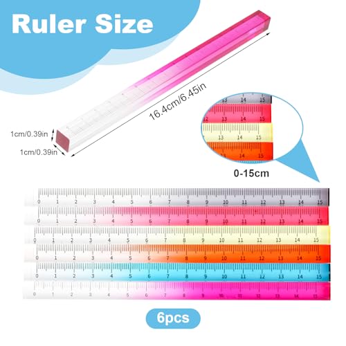 Kleurrijke, heldere rechte regelaar, 6 stuks kubus, acryl, 15 cm, Transparant, Kleur Grenzend Liniaal, Licht meetinstrument voor studenten Volwassenen School Klaslokaal Office 4