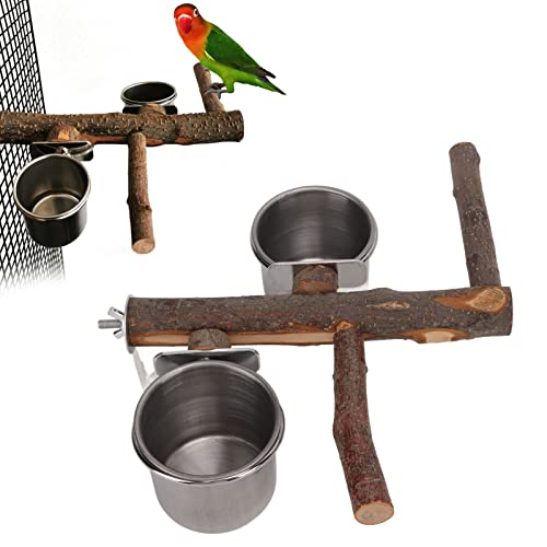 Vogels Voeder 33cm Papegaaien Houten Stand en Roestvrij stalen Tray, Voederdispenser Perches Combinaties Vogelkooi Voeder voor Kleine Middelgrote Budgies Parakeet Cockatiel