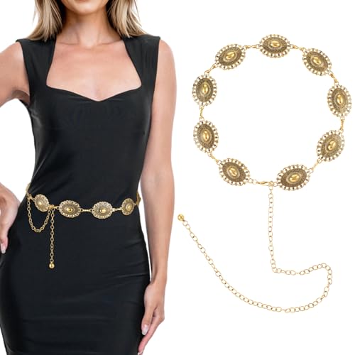 Women's Gold Chain Belt, Gold Chain Belt, Wais Gold Belt, Verstelbare Metalen Buckle, Long Strap, Body Chain, Western Cowgirl Belt, Verstelbare Tas Belt voor Jurk, Goud, One Size, One Size, Metaal 3