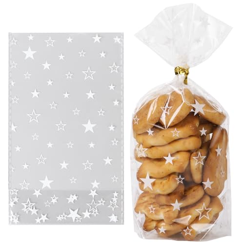 100 stuks 16 x 9 cm kerst cellofaan snoepzakken, kerstster holdere traktatie zoete goody zakken met gouden twist stropdas voor winterkerstfeest verjaardagen