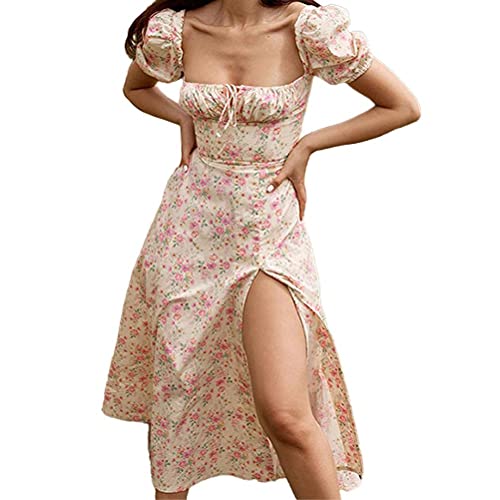 Zomer Jurken Vrouwen, Dames Puff Sleeve Midi Dress Long High Slit Dress for Party by the Sea