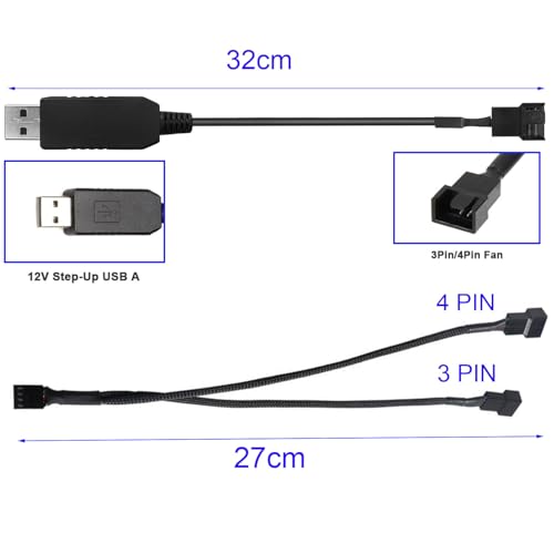 2sts 5V Step-Up12V Ventilatorkabel, 4Pin/3-Pin, USB tot 12V, 4-Pin Housing Cable, 12V PC Ventilator, Power Cable + 2 stuks 4Pin/3-Pin Housing Fan, Splitter 3