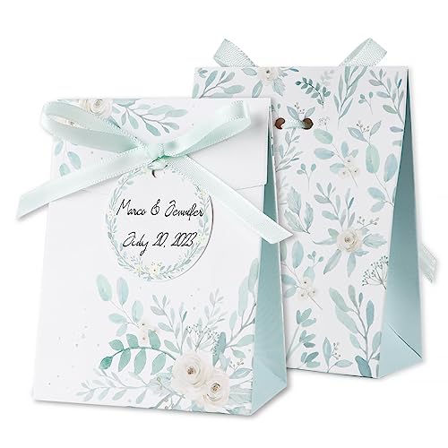 Verpakking van 50 bruiloft geschenkdozen 8 x 4 x 10 cm met groen blad ontwerp inclusief cadeauhangers en linten, kleine geschenkdozen voor bruiloft gast geschenk doop geschenk doos etc