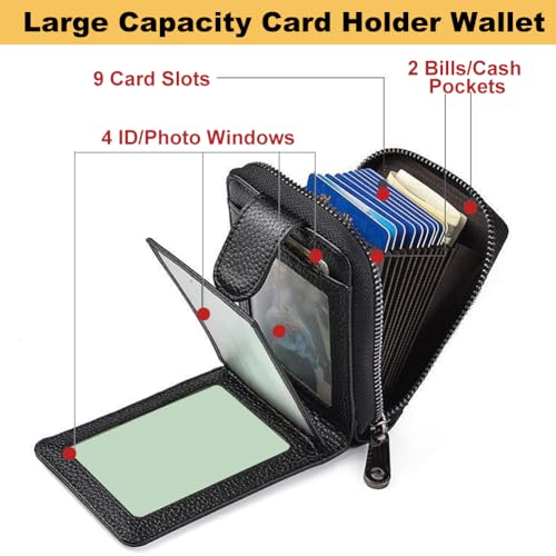 Credit Card Holder, Grote Capaciteit, Faux Leder, Credit Card Holder voor Vrouwen en Mannen, Kleine Zip, Kaart Portemonnee met 9 Kaart Slots, 4 ID Window, 2 Cash Slots, Zwart, Een, Zwart, Modern