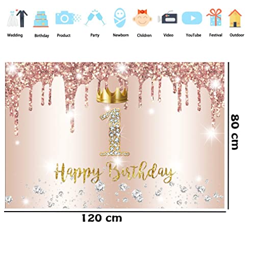 1e verjaardag meisje decoratie, eerste verjaardag Banner Rose Gold, gelukkig 1 verjaardag stof sign poster, 1e verjaardag achtergrond Banner meisje verjaardag partij decoratie met kroon element 5