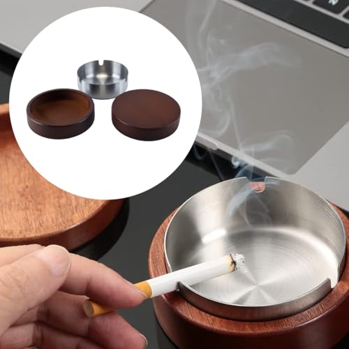Roestvrijstalen zilveren asbak met uitneembare houten deksel, draagbaar en compact formaat voor thuis, kantoor en reizen 5