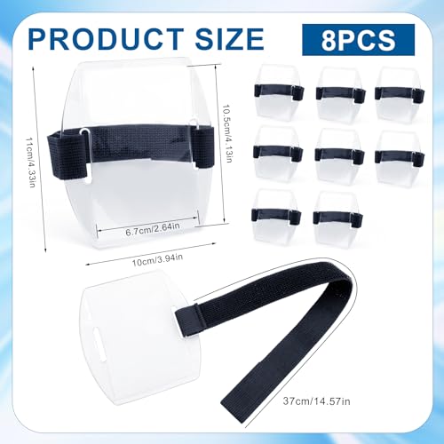 8 st Arm Badge Houders, Universele en Waterdichte Arm ID-kaarthouder met zwarte verstelbare elastische Band Ski Pass Armband Badge Sterke Adhesie voor Office Personeel Studenten(Transparant)