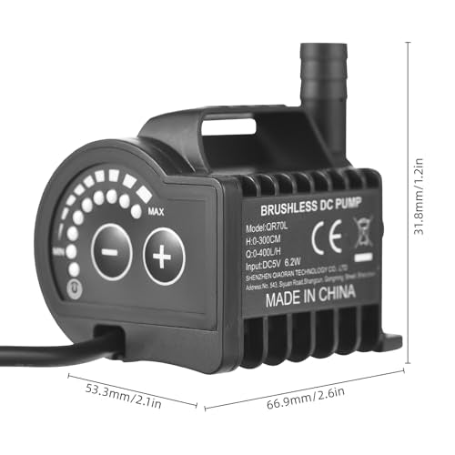 Elektrische waterpomp, draagbare Mini-duikpomp, 5 V, snelheidsregeling met 8 niveaus, pomp voor kleine fonteinen, maximale debiet 600 l/h met 2 m USB-kabel en (QR70L) 4