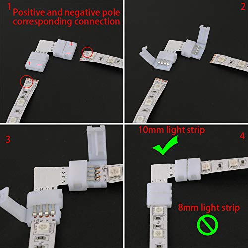 RGB LED Solderless Wire, 4 Pin 10mm Breed Strip naar Strip Jumper, L Vorm 4 Pin Rechte Hoek Solderless Connector, Totaal 20 stuks, voor 4 Pin 10mm 5050 RGB Non-Waterproof LED-lichtstrip 5