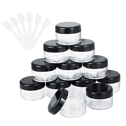 Cosmetic Container, 12 stuks Plastic Travel Jars, met zwarte schroef deksels, 15 ml Monster Containers, Jars, Flessen en 6 stuks Spatula's voor DIY Travel Makeup Creams/Powder/Mineral, Zwart, compact