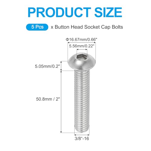 3/8-16 x 2 Inch Hexagon Socket Cilinderkop Schroeven, 5 st Roestvrij staal 304 18-8 Allen Hex Drive Volledige Thread Fine Thread Unc