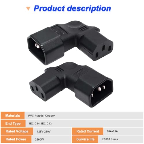 Voedingsadapter IEC C14 naar links/rechts hoek IEC 320 C14 stekker naar IEC 320 C13 stopcontact (2 stuks)
