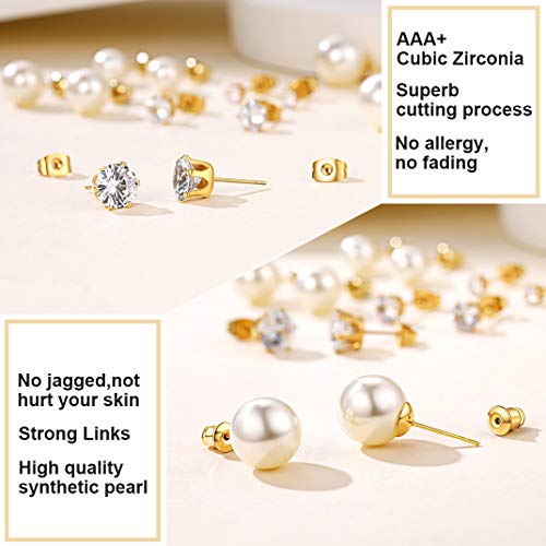 Sieraden roestvrij stalen oorbellen Studs Pack voor mannen Vrouwen, Eenvoudige Solid Geometrische oorbellen Sets, Goud/Zwart/Parel/CZ Kartel Tragus Oorbellen sieraden met geschenkdoos, Roestvrij stalen parel Cubic Zirconia 4